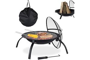 Relaxdays Brasero para jardín, Parrilla de Barbacoa, Atizador, Tapa contra chispas, Cuenco para hogueras, 56,5 cm, Negro, mit Tragetasche