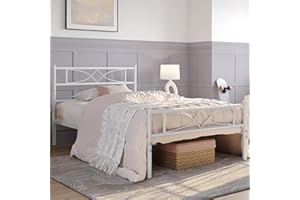 ‎YAHEETECH Yaheetech Metallbett 90 x 190 cm Bettrahmen mit Hohem Kopfteil Gästebett mit Lattenrost für Schlafzimmer Gästezimmer Viel Stauraum unter dem Bett Weiß