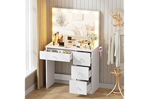 MSFE Tocador de Maquillaje con Espejo de Luz LED Mesa de Maquillaje con Espejo Grande Mesa de Tocador con 1 cajón Grande y cómoda de 3 cajones Mesa de Maquillaje Moderno para Dormitorio,Blanco 80x135x40CM