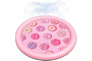Peteast Anti-Slip Pink Donut Print Splash Pad for Kids and Dogs - 67in 0.58 mm Thicken Sprinkler Dog Pool for Summer Outdoor Water Toys - Fun Backyard Play Mat for Pets