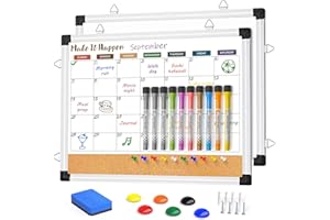 Marsrock Lavagna cancellabile a secco mensile e bacheca in sughero per parete, 43,2 x 33 cm, reversibile, da appendere, lavagna bianca su entrambi i lati con telaio in alluminio per pianificazione