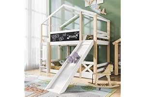 ‎FEZTOY FEZTOY Kinder Hochbett mit Rutsche und Leiter 90x200cm Etagenbett mit Lattenrost Hausbett für Jugendliche Hausbett aus Holz Kinderbett Jugendbett (mit Rutsche)