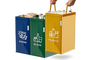 Återvinningskärl – Set med 3 x 40L för plast, papper och glas – Hållbara soptunnor för återvinning – Färgade soppåsar – Återv