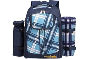 apollo walker 2 Person Blue Picnic Backpack Hamper with Cooler Bag includes Tableware & Fleece Blanket