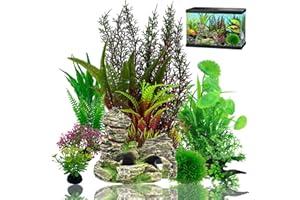 Naturezhen 9 Piezas Plantas Artificiales de Acuario, Decoracion para Acuarios, Plantas Plástico Peceras, Roca de Poliresina, Se Puede Utilizar en Peceras y Acuarios