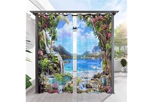 ANHOPE Outdoor Curtains Waterproof Eyelet Ring Top Curtains Nature Landscape Waterfall Lake Print Pattern Privacy Outside Curtains for Patio Garden Gazebo Pergola Porch Pool 2 Panels 52 x 84 Inch