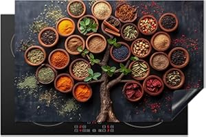 KitchenYeah© Herdabdeckplatte Einteilig Herdabdeckung Abdeckplatte für Ceranfeld Abdeckung Induktionskochfeld Aufrollbare Matte Kräuter - Baum des Lebens - Küche - Kochen - 80x52 cm