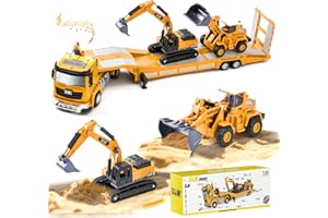LTFIOON Vehículos de Construcción para Niños,Camión Transportador Largo con Luces y Sonidos, Juguete Vehículos de Construcción con Excavadora Bulldozer,Camión Juguete Regalo para Niños 3+ Años