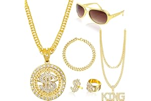 HEAWAA 6Pcs Hip Hop Costume Set, Rapper Hippie Accessories with Golden Chain Necklace Disco Dollar Sign Rings Retro Sunglasses Bracelet Fancy Dress for Women Men 80s 90s Carnival Party Supplies