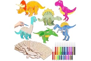 PUWOWYE 12 Pièces Dinosaures Bricolage Bois de Kit, Dinosaures en Bois à Peindre pour Enfant Filles Garçons, 3D Dinosaures Puzzle en Bois à Peindre Loisirs Créatifs pour Enfants, avec Feutre Acrylique