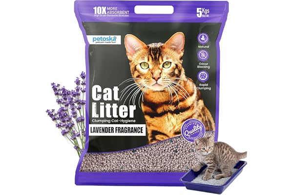 PETOSKA Cat Litter- 5Kg Lavender Fragrance Scoopable Bentonite Clay Cat Litter Advanced Clumping Scented Litter Sand 99.9% Dust Free Natural Odour Control