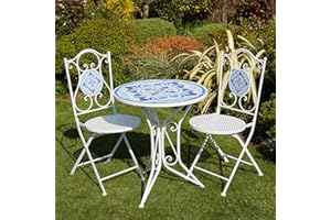 Home Source Fenton Mosaic Patio Outdoor Bistro Set, Round Table and 2 Folding Chairs, Metal Garden Furniture, White