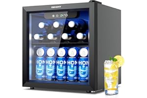 EUHOMY Getränkekühlschrank, Mini Kühlschrank mit Glastür, Bierkühler, Tisch-Getränkekühlschrank für 55 Dosen, Schwarz Freistehender Kühlschrank mit LED, 43dB, für Büro, Zimmer, Bar, 36L, Geräuscharm