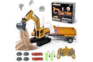 PATEMZON Escavatore Telecomandato Giocattolo, Escavatore RC Ricaricabile con 3 Benne e Rimorchio, Giocattolo Digger per Bambini, Il Braccio Dell'Escavatore può Essere Sollevato e Abbassato