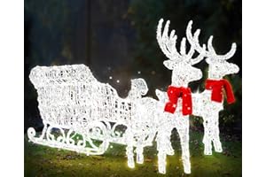 ‎KESSER KESSER® 240er LED Rentiere mit Schlitten weiß Timer Inkl. 2X Dekoschal Weihnachtsbeleuchtung für außen und innen Weihnachtsfigur Weihnachtsdekoration mit Dauerbeleuchtung und blinkende