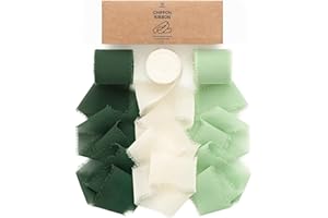 Vitalizart Nastro di Chiffon di Seta Bianco & Verde, Fatto a Mano con Frange, 3 Rotoli Totale 3,8 cm x 19,2 m, Set di Nastri per Inviti a Nozze, Bouquet da Sposa, Regali, Confezioni, Fai Da Te