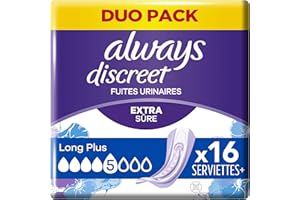 Always Discreet, 16 Serviettes Hygiéniques Incontinence Femme, Long plus 5 Gouttes, Protection Absorbante pour Fuites Urinaires Importantes