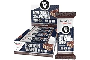 VITALDIN SPORT Low Sugar 30% Protein Wafer Café – 12 Barritas Proteicas barquillo con oblea x 40 gr; sabor Café – Barrita Alto Contenido en Proteína y Bajo en Azúcar – Sin Azúcares Añadidos