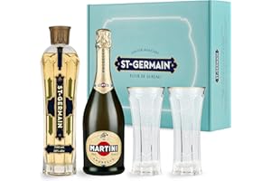 ST. GERMAIN St-Germain Hugo Cocktail Kit con liquore ai fiori di sambuco 70cl / 700ml, Prosecco MARTINI 75cl / 750ml e due bicchieri St-Germain Hugo