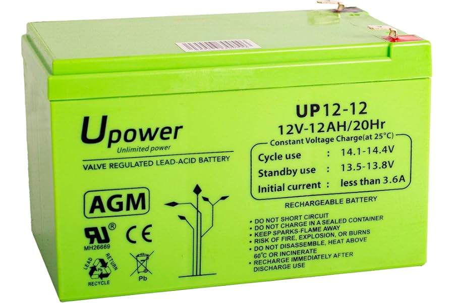 U-Power Batería AGM 12V 12Ah – Sellada Recargable Plomo-Ácido VRLA – para Alarmas, SAI/UPS, Seguridad, Juguetes Eléctricos y 