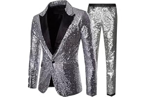 Darringls Ensemble de costume à paillettes pour homme - Veste métallique - 2 pièces - Tenue des années 80 - Blazer et pantalon long brillant - Avec veste à paillettes - Avec un bouton - Pour le marié