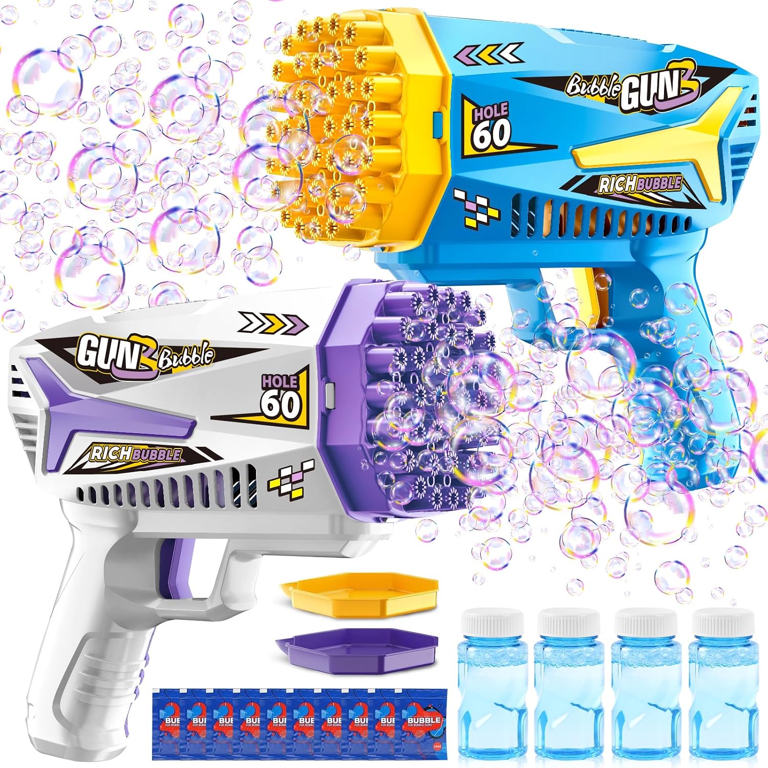 GMUFTIR Pistola de Burbujas, 2 Piezas Máquina Automática Pompas de Jabón, con 4 Botellas de solución, 10 Packs Solución de Recarga de Burbujas, para Niños, Adultos, Juguete de Verano