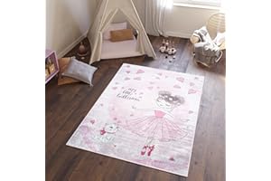 TAPISO Emma Tappeto Gioco Bambini Sala Giochi Cameretta Stanza Bambini Stampato Rosa Ballerina Gatto Multicolore Antiscivolo Lavabile in Lavatrice 80 x 150 cm