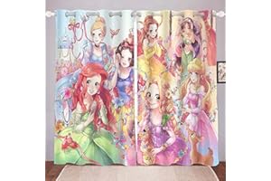 Bfrdollf Juego de Cortinas Opacas de Princesa para Dormitorio, Cortinas con Estampado 3D de Sirena, Ariel, Bella, Cenicienta, para habitación de niños (5,150x166cm(BxH))