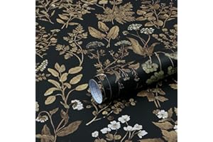 Fiula Samoprzylepna tapeta w kwiaty, złota, czarna, 44 cm x 15 m, folia samoprzylepna, liść, kwiat, tapeta ścienna do salonu, sypialni, kuchni, mebli, folia dekoracyjna