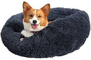 WEASHUME Calming Dog Cat Bed 50/70/85/100 Plush Donut for Large Medium Small Dog Cat Calming Anxiety Relief Fluffy Soft Cuddler Round Pet Nest Orthopedic Relief Anti-Slip Dark Grey M 70cm
