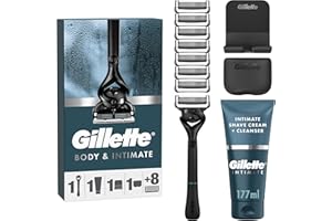 Gillette Kit De Rasage Intimate Pour Hommes, Rasoir Manuel Pour La Peau Et Les Poils Pubiens, Réutilisable, 8 Recharges De Lames, Crème De Rasage Et Nettoyant 2-En-1 Pour La Zone Intime