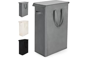 Rieeyrslza Wąski Kosz na Pranie z Pokrywa 55L Składany Oxford Kosz na Pranie z Przedłużonymi Uchwytami Wielofunkcyjne Kosz do Przechowywania do Lazienki, Sypialni, Pralni (Szary)