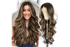 SOMIARIK Long Dark Brown Wavy Wig for Women, Transparent Lace Front Long Brown Middle Part Curly Wavy Wig Natural Looking Synthetic Heat Resistant Fiber for Daily Party Use 26 Inch