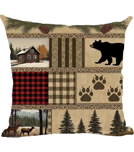 Brown Beer Deer Forest Pillow Cover - Cabin Decor Cotton Linen Square 18x18 Inches