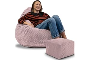 ‎DREAMROOTS DreamRoots Sitzsack Erwachsene Cord oder Kinder - Bean Bag Sofa - Sitzsack Cord mit Hocker und Bezug - Sitzsäcke mit Füllung 90x90x100 cm Silver Pink