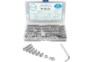 NOLDAR | Surtido de tornillos allen con cabeza botón, tuercas hexagonales y arandelas planas. Kit tornillería de acero inoxidable de 96 piezas. Métrico M8. Longitudes desde 16mm hasta 50 mm.