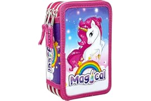 Clondo Astuccio 3 Scomparti 3D Bambini, Per Unicorno Fan, Triplo Riempito, 44 Accessori Scuola Elementare Bambina, 3 Zip, 20 Centimetri
