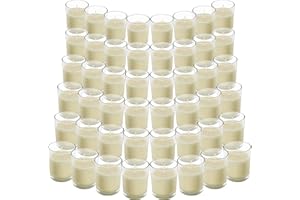 Belle Vous Velas en Vaso Cristal (Pack de 48) - Velas Blancas Votivas sin Aroma – 12 Horas Funcionamiento - Portavelas Cristal Transparente Velas de Cera Vertida a Mano – para Bodas, Spa, Hogar