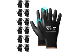 LANON 12 Paires Gants de Travail, Gants de Mécanique pour Hommes, Enduits de PU, Gant Tricoté sans Couture, EN 388, Noir, XL/10