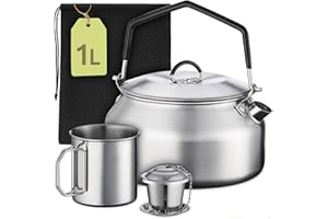 Praknu Camping Kettle Set 1 L Stainless Steel – Without Electricity – Kettle, Cup, Tea Strainer & Bag – Stackable – Fire, Gas Stove – Heat Resistant Silicone Handle – Dishwasher Safe