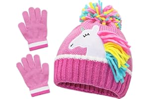 Hioph Ensemble bonnet et gants licorne pour filles - Bonnet d'hiver tricoté à pompons - Rose - Cadeau pour filles de 3 à 8 ans
