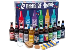 Hobsons 12 Days of Beer - Christmas Real Ale Beer Gift in Gift Case - 12 x 500ml plus Fridge Magnet/Coaster, Glass, Playing Cards & Socks - Advent Calendar