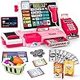maysida Kids Cash Register Toy Playset, Toddler Prentend Play Store with Real Calculator Cash Register with Scanner/Credit Card/Play Money/Food, Learning Toys for Boys Girls Toddlers(Pink)