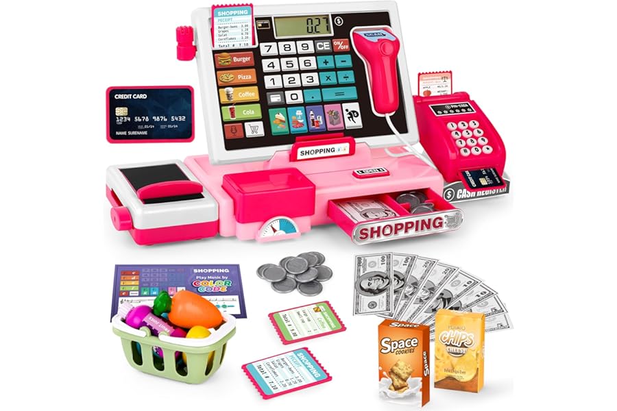 maysida Kids Cash Register Toy Playset, Toddler Prentend Play Store with Real Calculator Cash Register with Scanner/Credit Card/Play Money/Food, Learning Toys for Boys Girls Toddlers(Pink)