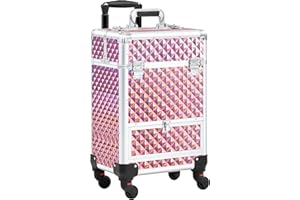 Yaheetech Professional Makeup Case Beauty Trolley Hairdressing Case on Wheels Vanity Case with Drawer Pink/Silver