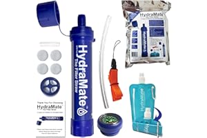 HYDRAMATE Paille Filtrante Survie Filtre A Eau Portable Purificateur D’Eau. Kit De Survie Pour Randonnée Et Le Camping. 3 Couches De Filtre Charbon Actif. Capacité De 1500L. Avec Bouteille Et Plus Encore!