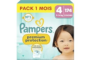 Pampers Premium Protection, Taille 4, 174 Couches, 9-14kg, Double Protection pour la peau et contre les fuites Avec Poche Stop & Protect pour aider à capturer les Fuites, Pack 1 Mois