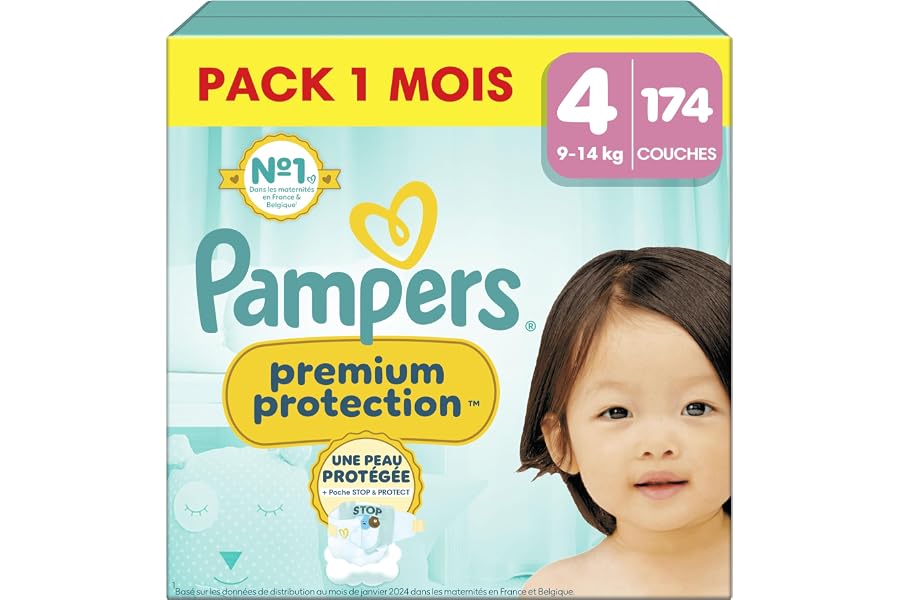Pampers Premium Protection Couches Taille 4 x174 Pack 1 Mois | 9kg-14kg. Notre N°1 Pour La Protection De La Peau Et Contre Le
