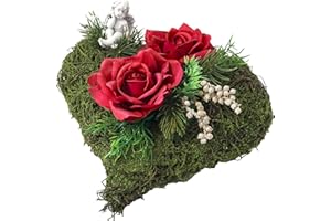 Passion MaDe Grabgesteck Grabschmuck Grabaufleger Grab Friedhof Trauerherz Rebenherz Totensonntag Allerheiligen künstlich Herz grün Moosherz (32 - Engel Rosen rot)