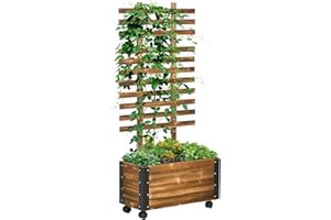 ‎OUTSUNNY Outsunny Hochbeet mit Rankgitter, Blumenkasten mit Rollen, Pflanzkasten mit Rankhilfe, für Kletterpflanzen, Garten, aus Holz, Verkohlt, 65 x 31 x 147 cm